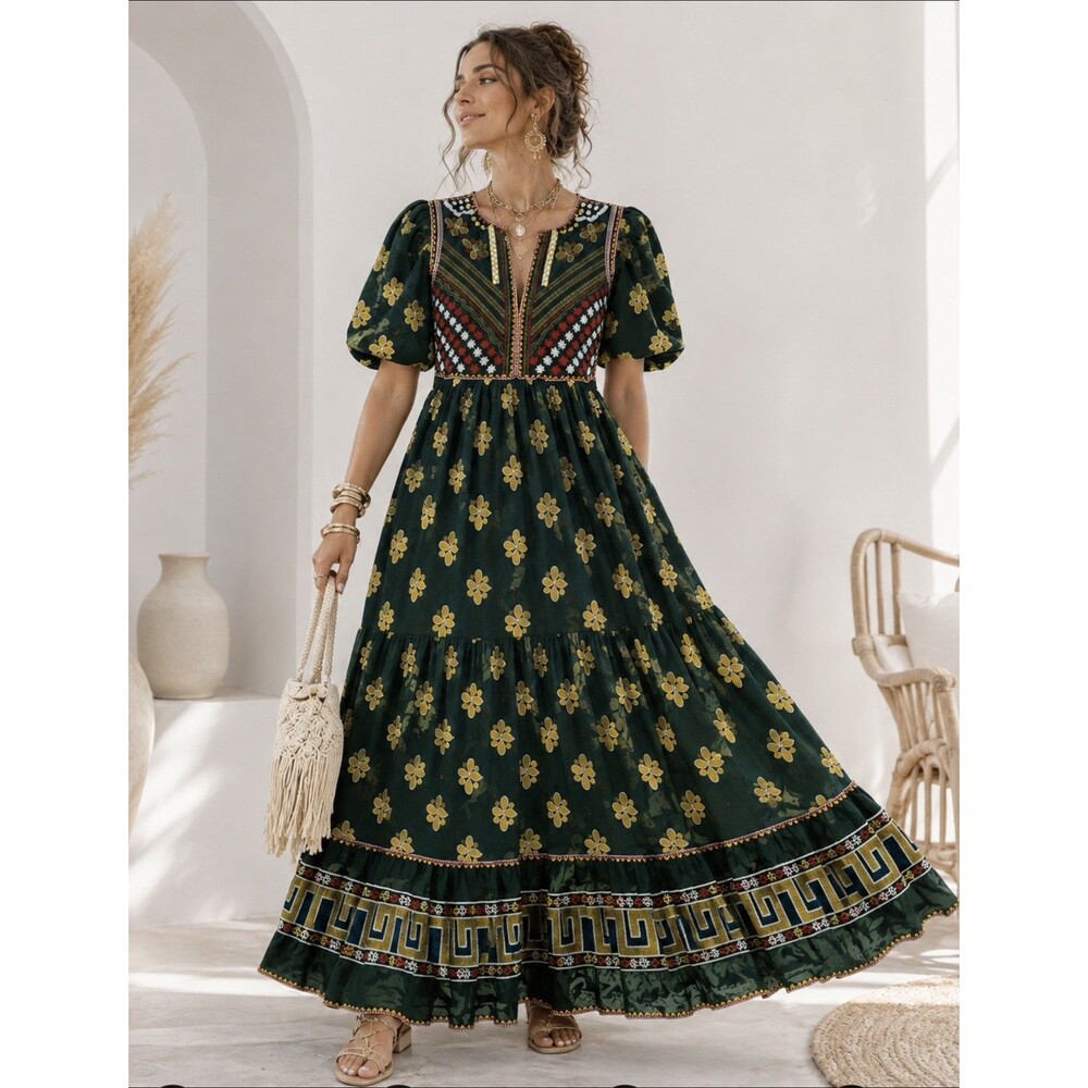 Oliphant Maxi Dress green Gold Embellish embroidered Boho medium women pockets